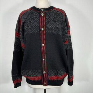 NORLENDER Knitwear Black Red Wool Knit Fair Isle Button Cardigan Sweater Size L